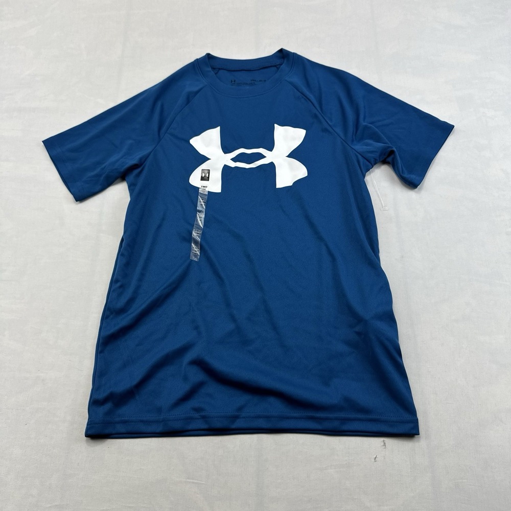 NWT Under Armour Youth Medium YMD Blue Loose Fit Big Logo Tee Shirt